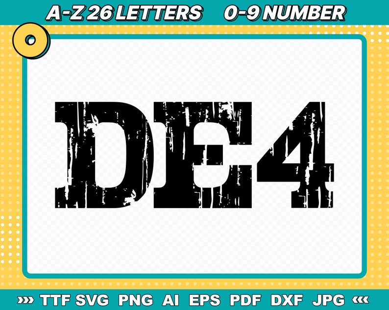 May include: Black and white distressed font design with the letters DE and the number 4.