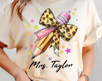 Leopard Pencil Bow Teacher Custom Name Design, Leopard Bow Teacher Png, Back To School Teacher Shirt Design,First Day School Png Sublimation