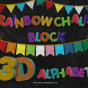 Rainbow Chalkboard Bunting Banners Clip Art,  3D Alphabet and Numbers Colorful Chalk Bunting Banners, PNG Clipart