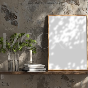 Rahmen Mockup helles Holz A4, Rahmen Wallpaper Mockup, Rahmen auf Holzboden Mockup, vertikale Rahmen Mockup, skandinavischer Rahmen Mockup PNG JPG PSD