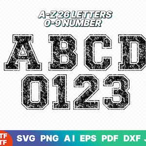 Varsity Distressed Alphabet SVG,OTF, TTF, Varsity Distressed Font SVG, Distressed Varsity Buchstaben und Zahlen Png/Jpg/Pdf/ai/Eps/Dxf