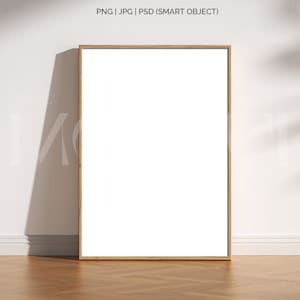 Rahmen Mockup helles Holz A4, Rahmen Wallpaper Mockup, Rahmen auf Holzboden Mockup, vertikale Rahmen Mockup, skandinavischer Rahmen Mockup PNG JPG PSD