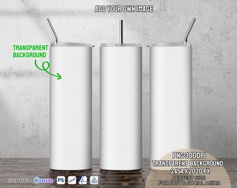 May include: Three white stainless steel tumblers with lids and straws. The tumblers are on a gray concrete background. The text "PNG 300DPI", "TRANSPARENT BACKGROUND", "2454 X 2020 PX", "PERFECT SIZE", and "FOR ETSY & SOCIAL MEDIA" is at the bottom of the image.