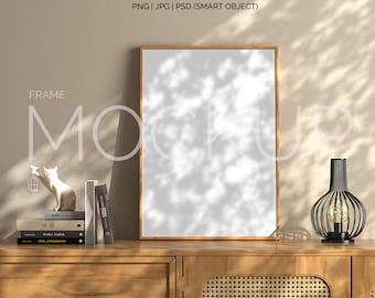 frame mockup light wood A4, frame wallpaper mockup, frame on wooden floor mockup,vertical frame mockup,scandinavian frame mockup PNG JPG PSD