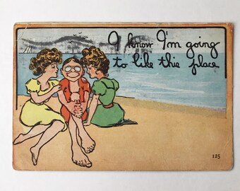 humor cartoon Washington fishing Postcard old paper ephemera funny junk journal girl in bathing suit DC old vintage craft supply