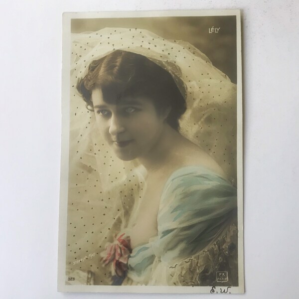 Antique Real Photo Postcard (RPPC) Hand Tinted  French Actress by Edouard Stebbing, Photographer