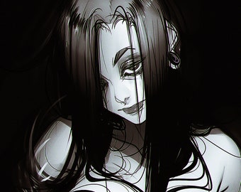 Puede incluir: Una ilustración digital en blanco y negro de una mujer con el pelo largo y negro. Ella está mirando directamente al espectador con una expresión ligeramente traviesa. Su cabello está peinado de una manera que enmarca su rostro y cubre la mayor parte de sus hombros. Lleva un atuendo sencillo y su rostro está parcialmente oscurecido por sombras.
