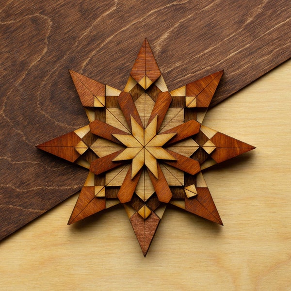 SNOWFLAKE 4 Wooden Art Ornament Wall Decor Magnet Brooch Pin Laser cut Geometric Origami Handmade Personalized Christmas Gift