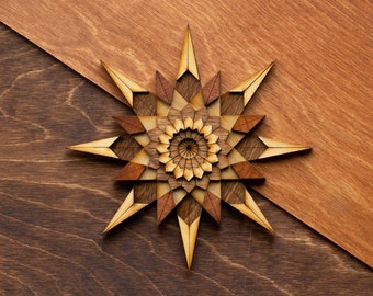 COMPASS ROSE Wooden Art Ornament Wall Decor Magnet Pin Laser cut Geometric Origami Handmade Personalized Christmas Gift