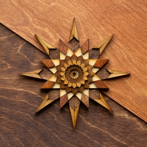 COMPASS ROSE Wooden Art Ornament Wall Decor Magnet Pin Laser cut Geometric Origami Handmade Personalized Christmas Gift Gunstock (Regular)