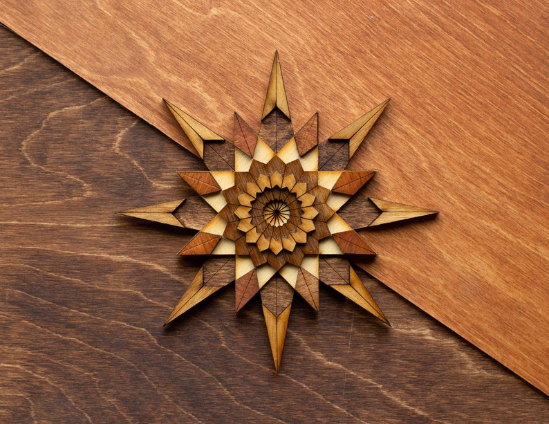 COMPASS ROSE Wooden Art Ornament Wall Decor Magnet Pin Laser cut Geometric Origami Handmade Personalized Christmas Gift Gunstock (Regular)