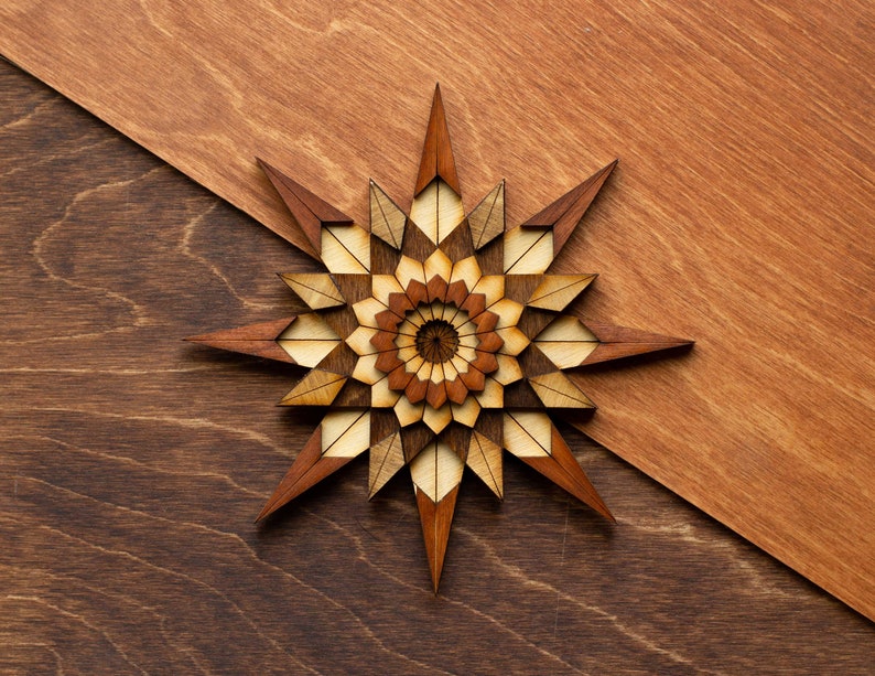 COMPASS ROSE Wooden Art Ornament Wall Decor Magnet Pin Laser cut Geometric Origami Handmade Personalized Christmas Gift Maple (Regular)