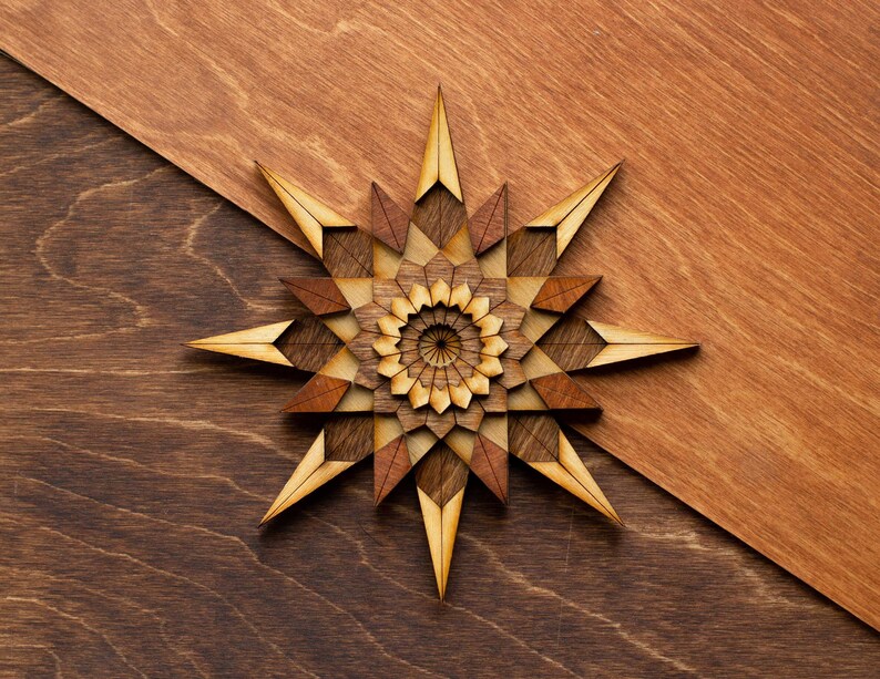 COMPASS ROSE Wooden Art Ornament Wall Decor Magnet Pin Laser cut Geometric Origami Handmade Personalized Christmas Gift Honey (Regular)