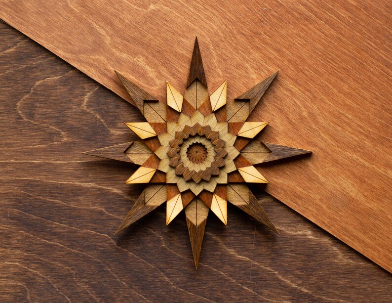 COMPASS ROSE Wooden Art Ornament Wall Decor Magnet Pin Laser cut Geometric Origami Handmade Personalized Christmas Gift Golden Oak (Regular)