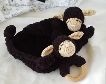 Handmade Black Lamb Baby Lovey and Rattle Gift Set | Baby Shower Gift | Keepsake Baby Toys