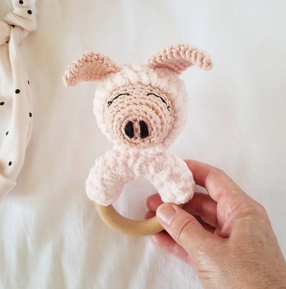 Pink Bay Rattle Pig Baby Rattle With Wooden Ring | Pink Plush Piggie Toy - Etsy