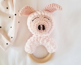 Pig Baby Rattle with Wooden Ring | Pink Plush Piggie Toy
