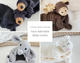 Baby Lovey Crochet Pattern Bundle: Bear, Bunny, Moose, Elephant (PDF Pattern)