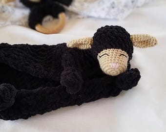 Handmade Black Lamb Baby Lovey: Soft Chenille Baby Snuggler
