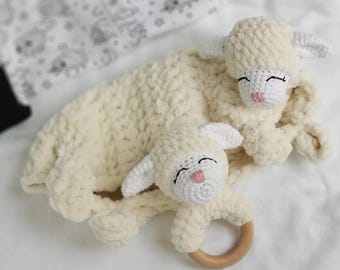 Lamb Lovey and Rattle Gift Set – Chenille Baby Security Blanket – Handmade Newborn Baby Shower Gift