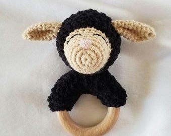 Handmade Black Lamb Baby Rattle | Newborn Toy | Baby Shower Gift | Lamb Keepsake Toy