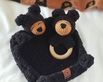 Bear Lovey and Rattle Gift Set – Chenille Baby Security Blanket – Crochet Bear Lovey – Newborn Baby Shower Gift – Woodland Nursery Toy