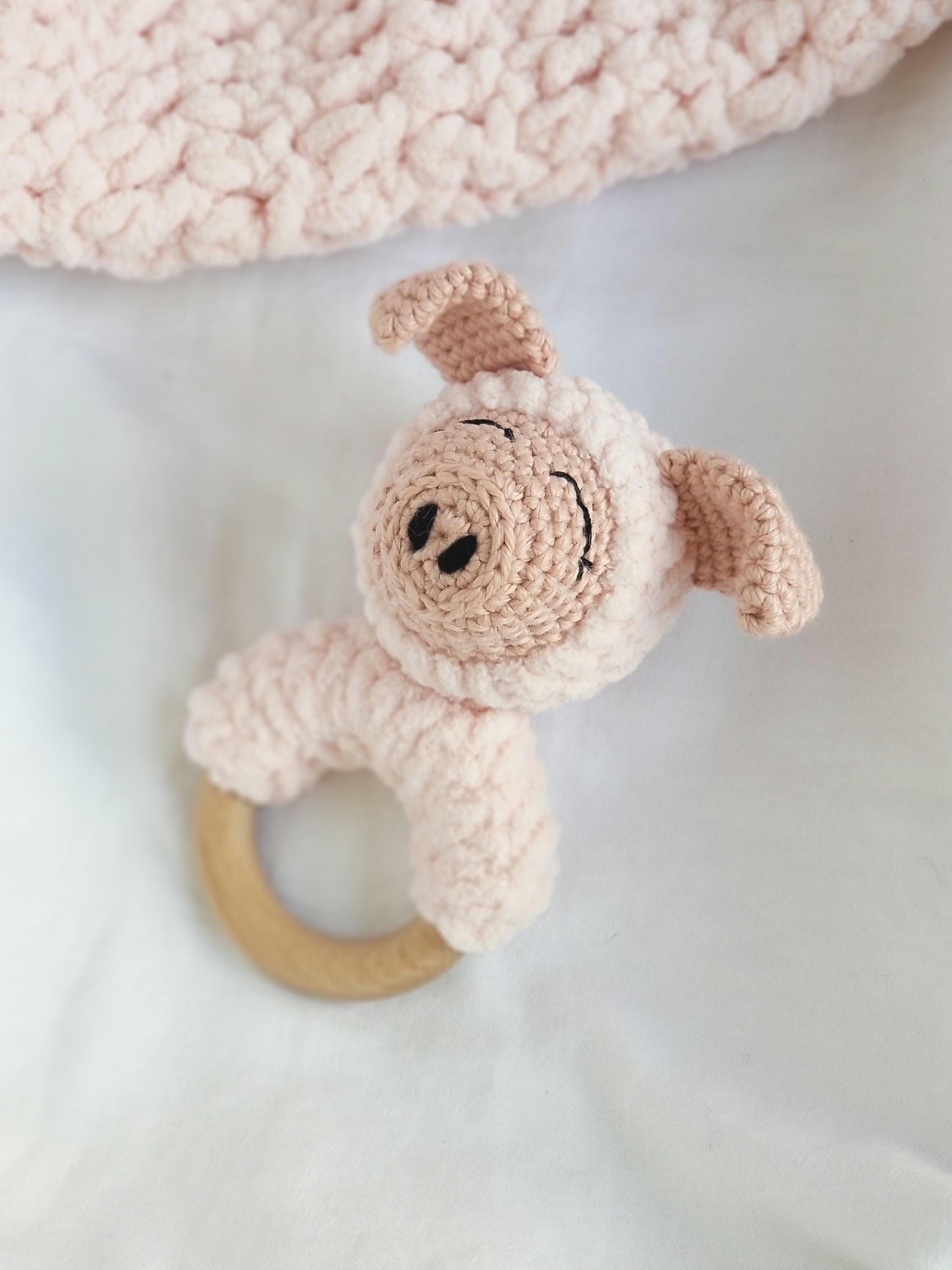 Pink Bay Rattle Pig Baby Rattle With Wooden Ring | Pink Plush Piggie Toy - Etsy