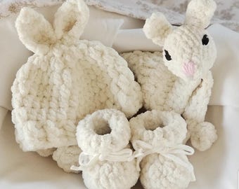 Handmade Baby Bunny Hat, Booties & Lovey | Baby Shower Gift | Easter Baby Gift