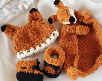 The Woodland Fox Gift Set | Fox Baby Hat, Booties & Lovey | Baby Shower Gift | Newborn Gift Set