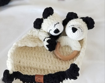Handmade Panda Bear Lovey & Rattle Gift Set | Panda Nursery Toys | Baby Shower Gift