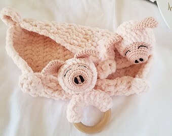 Handmade Chenille Pig Lovey and Beechwood Rattle Set