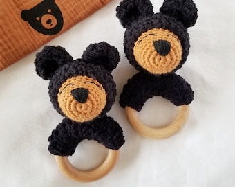 Black Bear Baby Rattle | Wooden Bear rattle | Baby shower gift | Newborn Gift