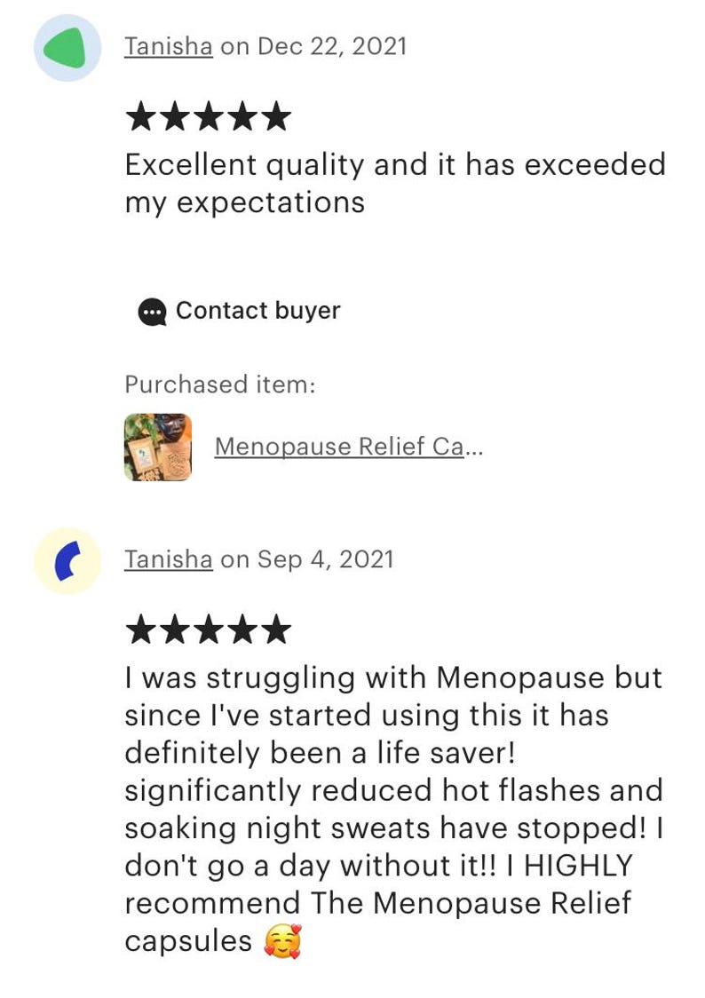 May include: Five-star review for a Menopause Relief product. The reviewer states that the product has exceeded their expectations and has been a life saver. They mention that the product has significantly reduced hot flashes and night sweats. The reviewer recommends the product.