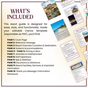 May include: A resort guide template with the text "WHAT'S INCLUDED" and a list of included pages. The guide is designed for ease, style, and functionality. The pages include a cover page, welcome message, resort overview, and more.