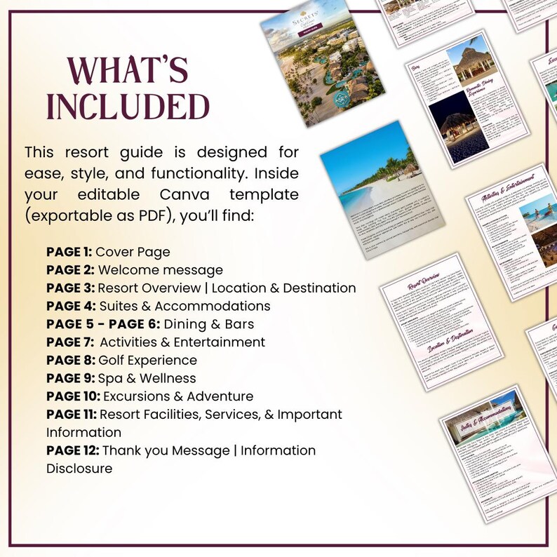 May include: A resort guide template with the text "WHAT'S INCLUDED" and a list of included pages. The guide is designed for ease, style, and functionality. The pages include a cover page, welcome message, resort overview, and more.