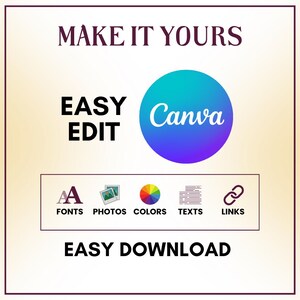 May include: A graphic with the text "MAKE IT YOURS", "EASY EDIT", and "EASY DOWNLOAD". A blue and purple circle with the word "Canva" is in the center. Icons for fonts, photos, colors, texts, and links are also present.
