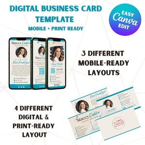 Plantilla de tarjeta de presentación digital / Compatible con dispositivos móviles e impresión / Compatible con códigos QR / Enlaces a redes sociales interactivos / Editable en Canva