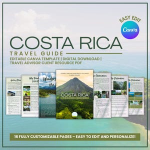May include: A Costa Rica travel guide with a green and white cover featuring a mountain landscape. The guide is a digital download and Canva template. The image includes the text "Costa Rica Travel Guide" and "16 Fully Customizable Pages".