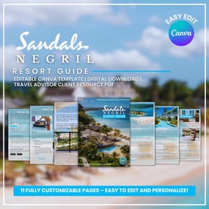 May include: A digital resort guide for Sandals Negril, designed as an editable Canva template. The cover displays a tropical beach landscape. The guide is predominantly blue and white, with the text "Resort Guide". It has 11 customisable pages.