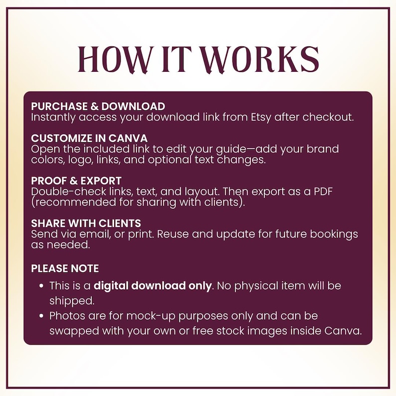 May include: A digital download graphic with the text "HOW IT WORKS" at the top. The graphic explains the steps: Purchase & Download, Customize in Canva, Proof & Export, and Share with Clients. It also includes a note about the digital download and mock-up photos.