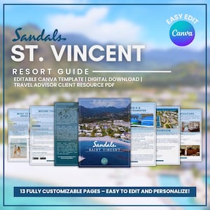 May include: A digital resort guide template for Sandals St. Vincent. The guide includes 13 customizable pages, with the text "Sandals St. Vincent Resort Guide" and "Editable Canva Template". The image features a beach resort scene.