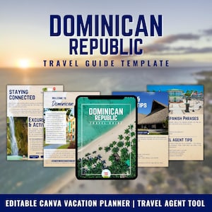 May include: A digital travel guide template for the Dominican Republic. The design features a smartphone displaying the guide's cover, with a beach scene. Additional pages showcase travel tips and phrases. The text reads "Dominican Republic Travel Guide Template."