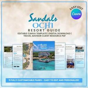 Puede incluir: Una plantilla de guía de resort digital para Sandals OCHI, con un diseño azul y blanco. La guía incluye 11 páginas personalizables y es fácil de editar. La plantilla de Canva es una descarga digital.