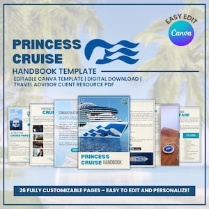 Puede incluir: Plantilla digital para un manual de Princess Cruise. El diseño presenta el logotipo de Princess Cruise, una imagen de un crucero y el texto "¡26 páginas totalmente personalizables - fáciles de editar y personalizar!"