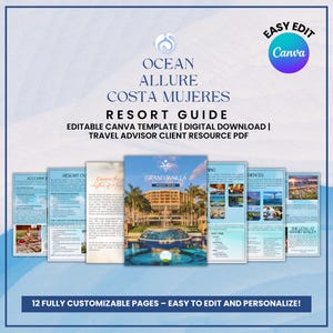 May include: A resort guide template with the text "Ocean Allure Costa Mujeres Resort Guide." The guide features a cover photo of a resort and includes 12 customizable pages. The design includes the "Easy Edit Canva" logo.