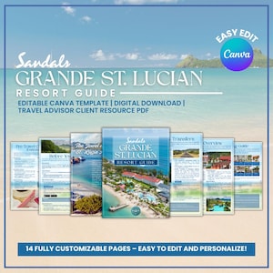 May include: A digital resort guide for Sandals Grande St. Lucian, with a beach scene on the cover. The guide is an editable Canva template and a digital download for travel advisors. The image includes the text "14 Fully Customizable Pages - Easy to Edit and Personalize!"