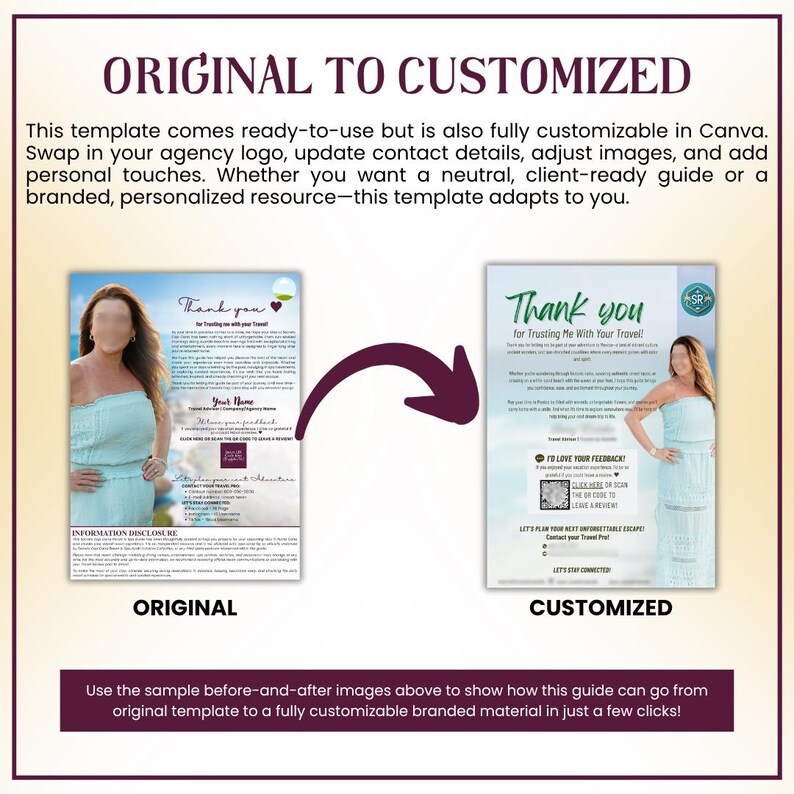 May include: A before-and-after image showcasing a travel guide template. The left side displays the original template, while the right side shows a customized version. The text reads "Original to Customized" and highlights the template's customizability.