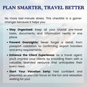 May include: Image with the text "PLAN SMARTER, TRAVEL BETTER" and bullet points about staying organized, preventing oversights, enhancing client experience, and starting vacation early. A cruise ship is in the background.