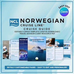 Puede incluir: Una plantilla de guía de crucero digital para Norwegian Cruise Line, editable en Canva. La guía incluye 28 páginas personalizables. El diseño presenta el logotipo de NCL e imágenes de cruceros, con el texto "Cruise Guide".