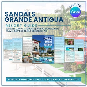 May include: A resort guide template for Sandals Grande Antigua. The guide includes 14 customizable pages, with the text "Sandals Grande Antigua Resort Guide". The template is a digital download for travel advisors, and is easy to edit and personalize.